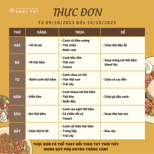 Thực Đơn Tuần Mới (Từ 09/10 Đến 14/10)